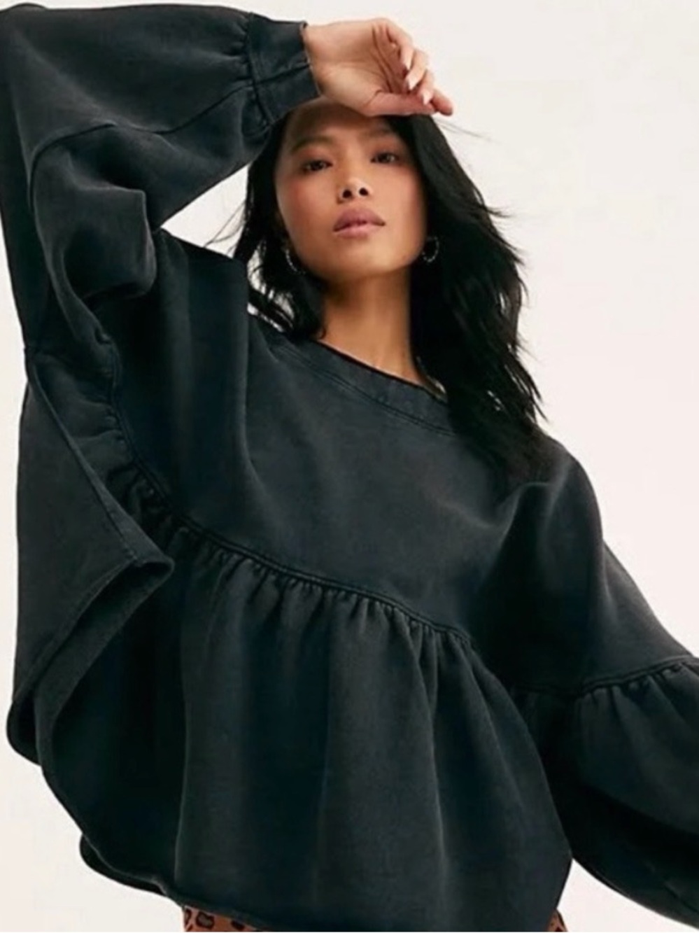 Free People Lucy Black Peplum Sweatshirt Top